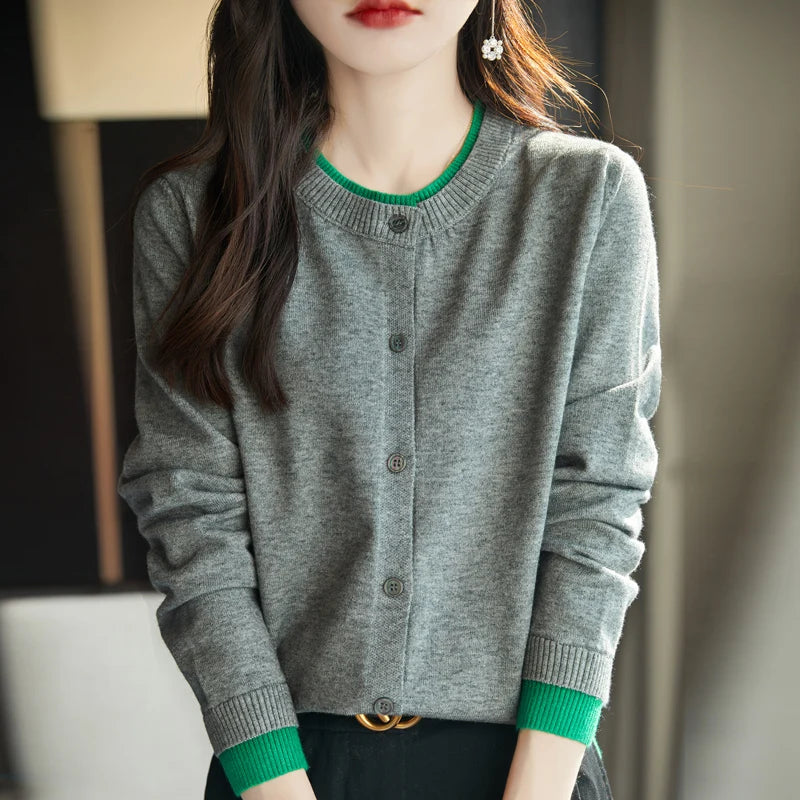 Knitted Cardigan Sweater Clothing O-neck Patchwork Long Sleeve Tops