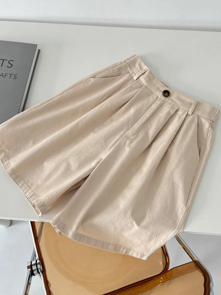 Casual Wide Leg Cotton High Waist Loose A Line Short Pants