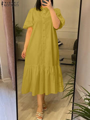 Elegant O Neck Puff Sleeve Sundress Stylish Women Shirt Dres
