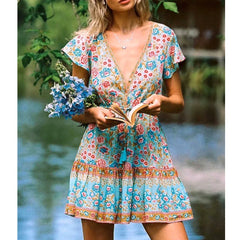 Floral Boho Mini Dress Vintage Women Dress