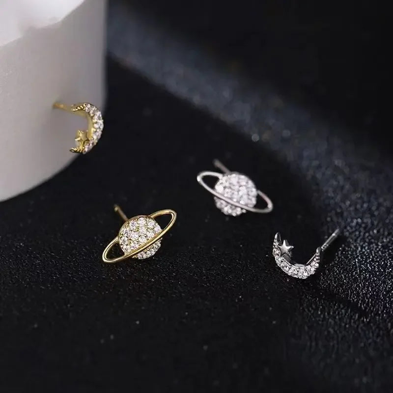 Simple Piercing Stud Earrings for Women Star Moon Fine Jewelry