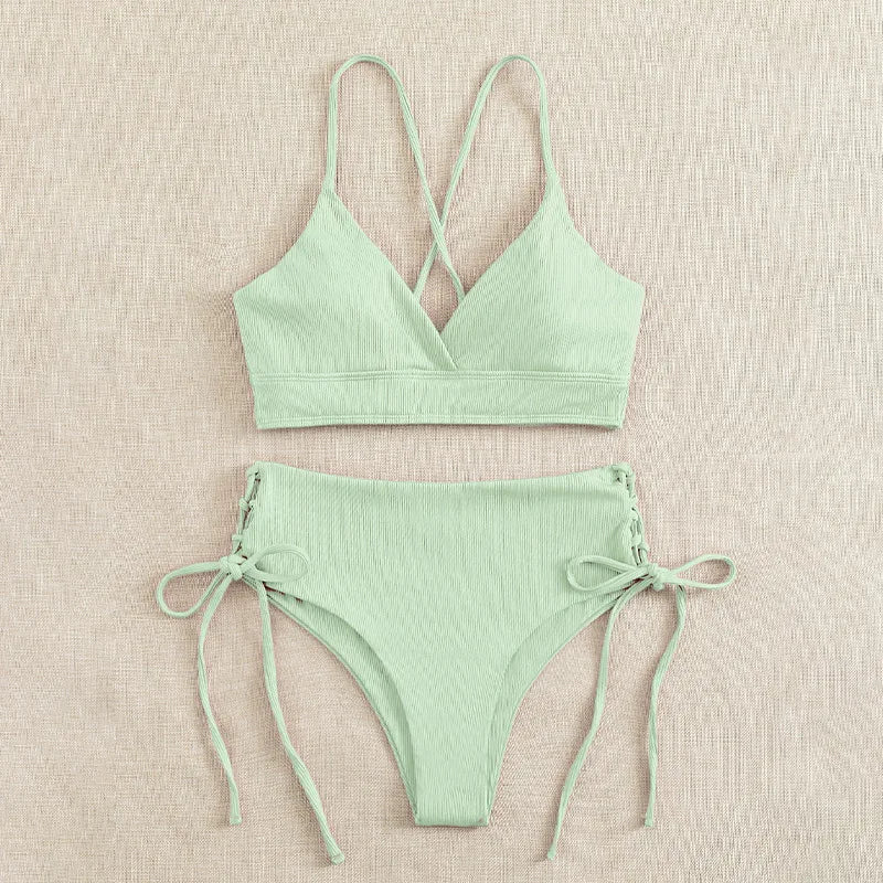 V-Neck Split Bikini Set for Women Solid Color Beach Swimwear