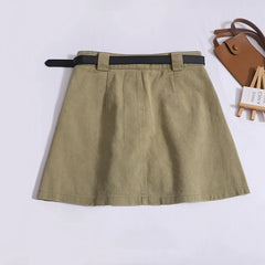 Vintage High Waist With Belt Casual A-line Skirts With Pocket