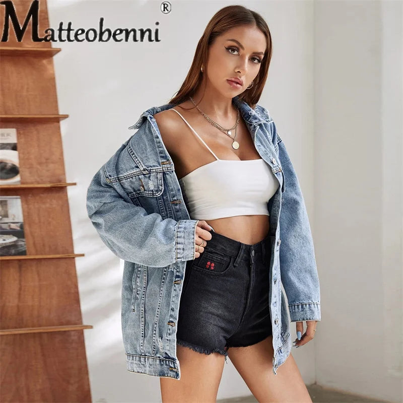 Vintage Style Loose Denim Jacket Long Sleeve Single-breasted Cardigan Coat