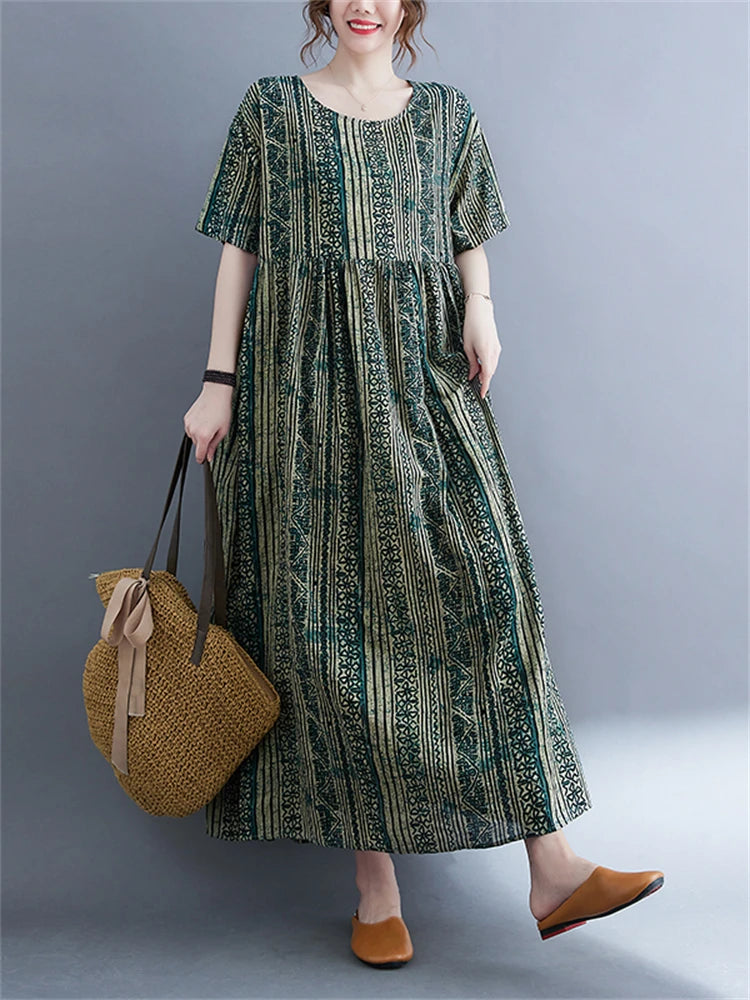 Oversized Vintage Cotton Linen Striped Dresses Casual Fashion