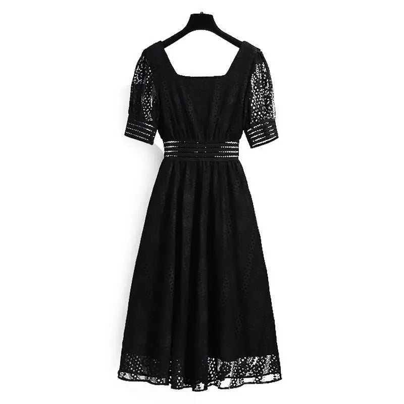 Fashion Style Black Square Collar Dress Lace Short Sleeve