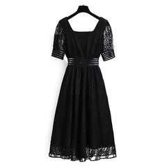Fashion Style Black Square Collar Dress Lace Short Sleeve