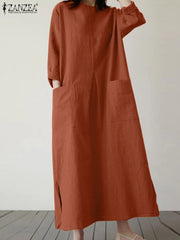 Dress O-Neck 3/4 Sleeved Solid Dresses Oversized Long Robe Casual
