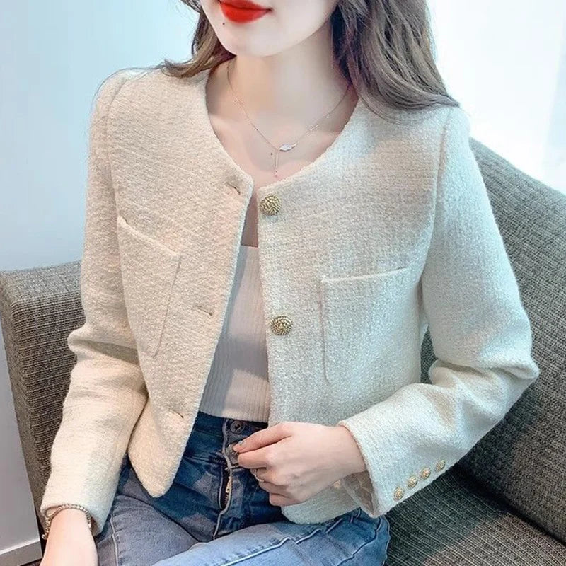 Fashion Tweed Cropped Jackets  Round Neck Chic Coat