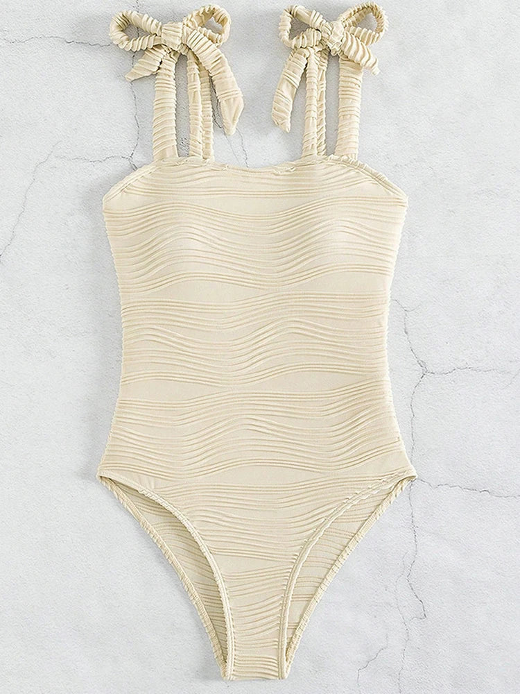 Textured One Piece Swimsuit Beige Swimwear