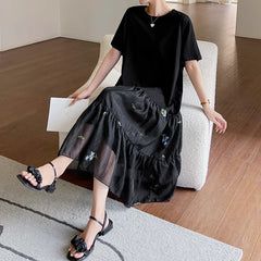 Pleated Loose Plus Size Patchwork Black T-Shirt Dress Casual
