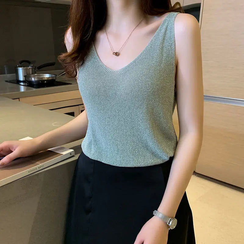 V-neck Solid Color Sequins Knitting Tank Top
