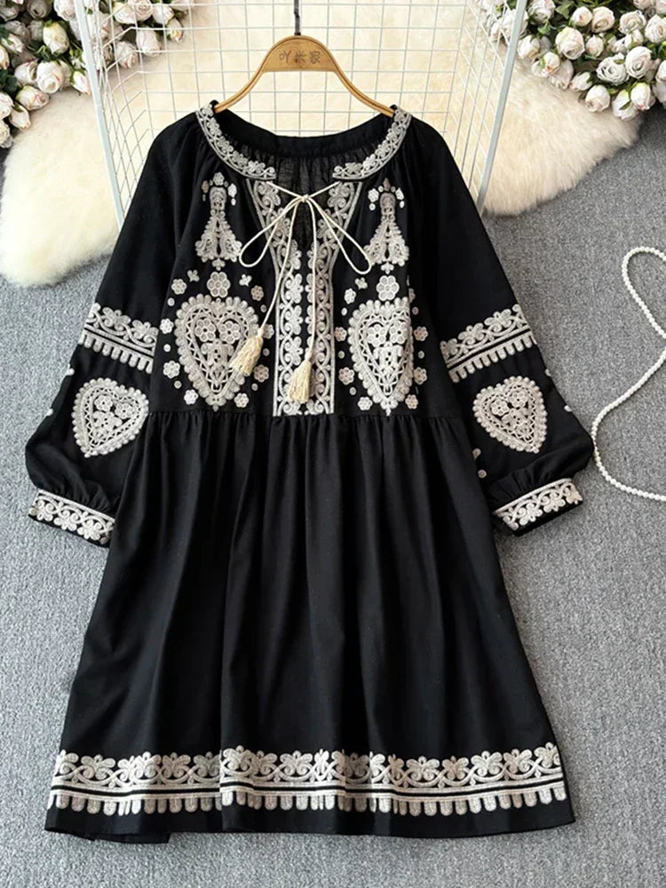 Bohemian Retro Ethnic Style Blend Embroidered Long Sleeves Mini Dress