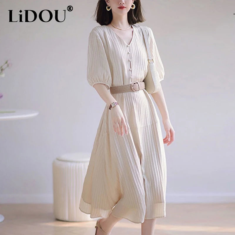 Fashion V-neck Folds Waist Elegant Midi Dress Half Sleeve