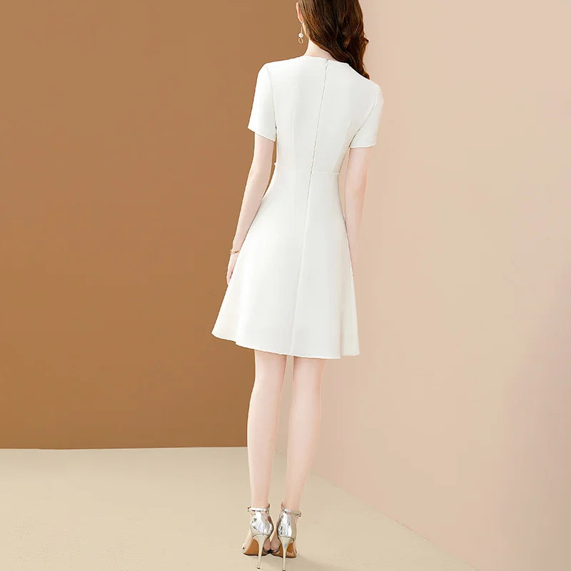 Women Chic Beading Chiffon O-neck Elegant White Office  A-LINE Dresses