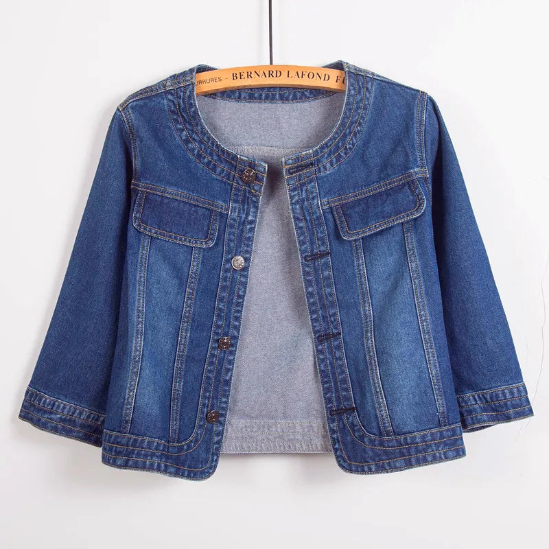 Women Denim Jackets Three-Quarter Sleeve O-Neck Single-Breasted Outerwear