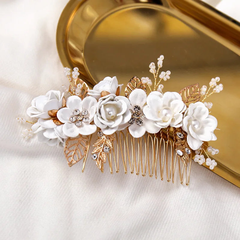 Bride Artificial Flower Beads Side Comb Accessories Jewelry