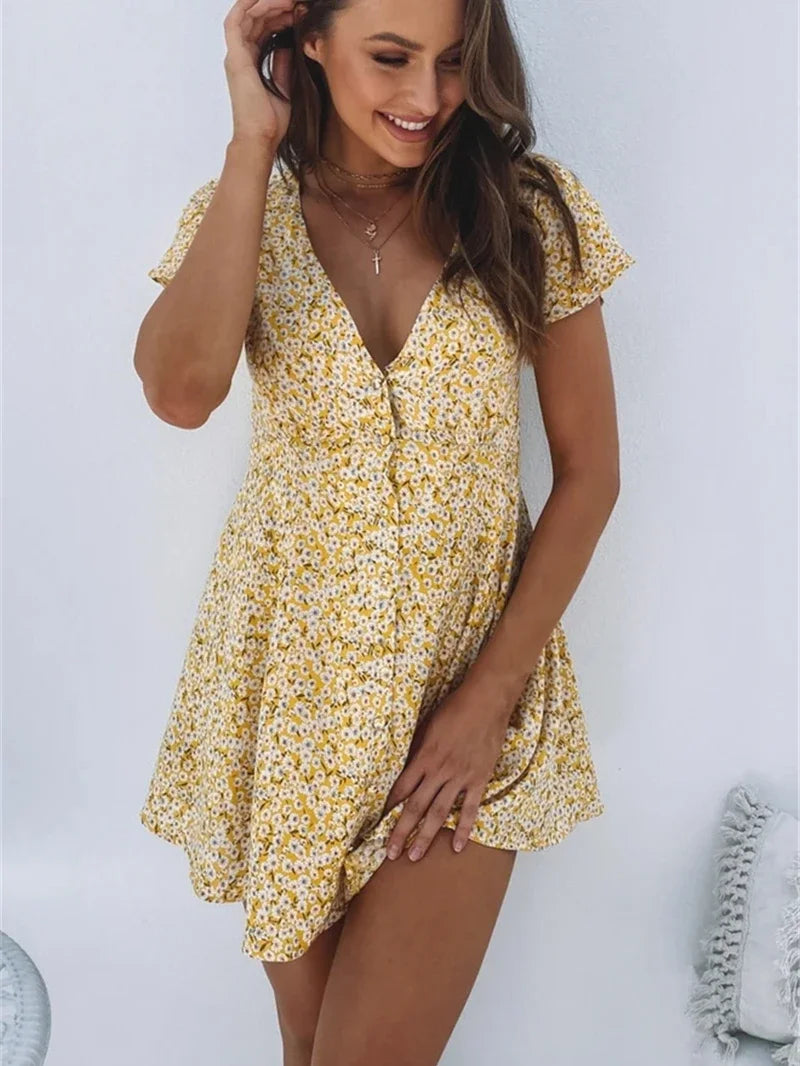 Vintage Chic Women Yellow Floral Print Deep V-neck Mini Dress