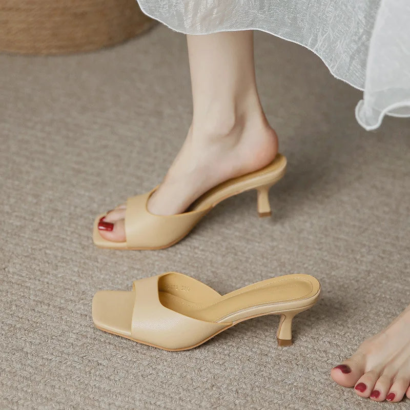 Square Toe High Heel Slippers Summer Pumps Thin Heel Sandals