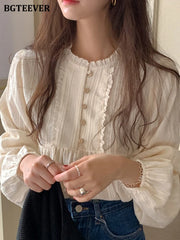 Chic Elegant O-neck Buttons Blouses Tops Long Sleeve