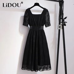 Fashion Style Black Square Collar Dress Lace Short Sleeve