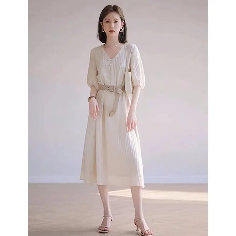 Fashion V-neck Folds Waist Elegant Midi Dress Half Sleeve