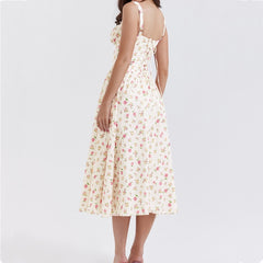 Flower Print Sling Dress Style Lace Square Collar Swing Midi