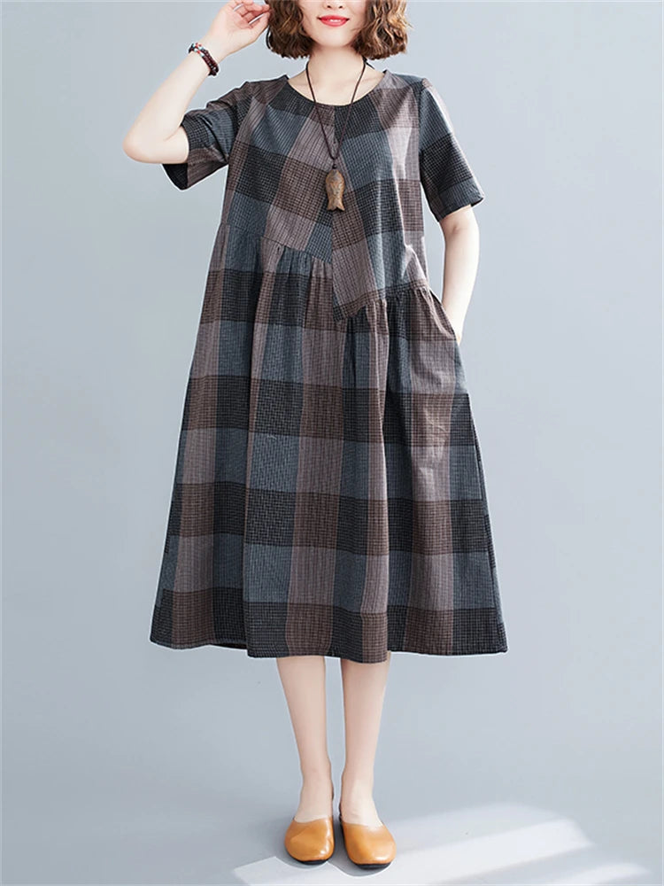 Short Sleeve Summer Plaid Dresses Casual Vintage Fashion