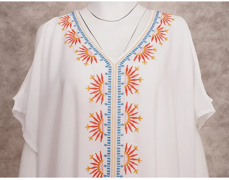 Long White Embroidered Plus Size Kaftan Cold Shoulder Maxi Dress