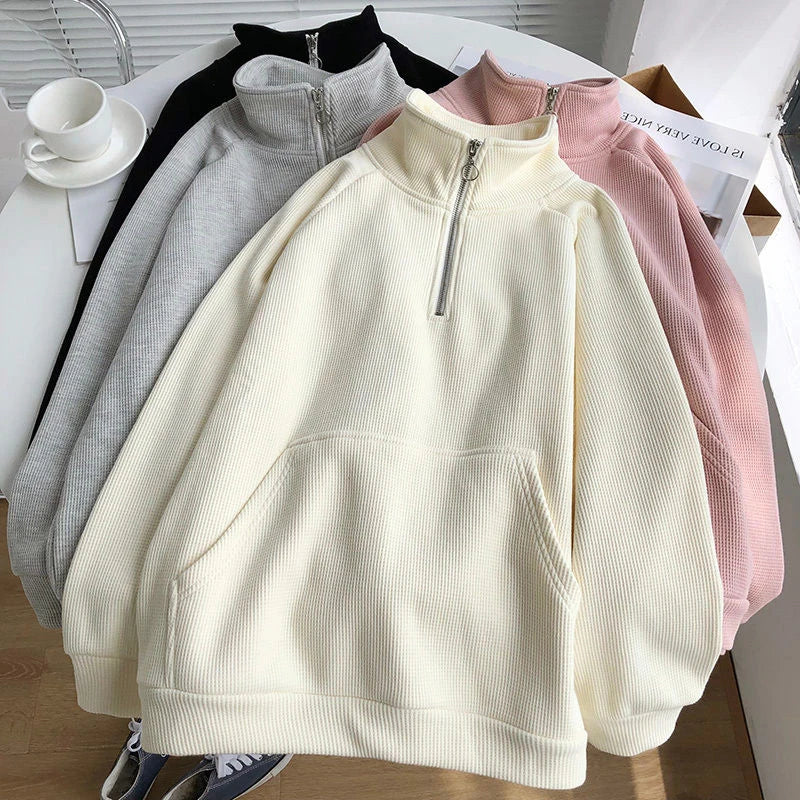 Thicken Zipper Stand Collar Hoodie Women Casual Long Sleeve Pullover Top