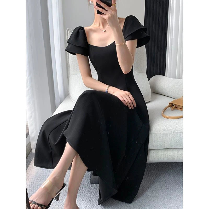 Style Black Waist A-line Dress Lady Short Sleeve Elegant Fashion