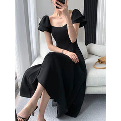 Style Black Waist A-line Dress Lady Short Sleeve Elegant Fashion