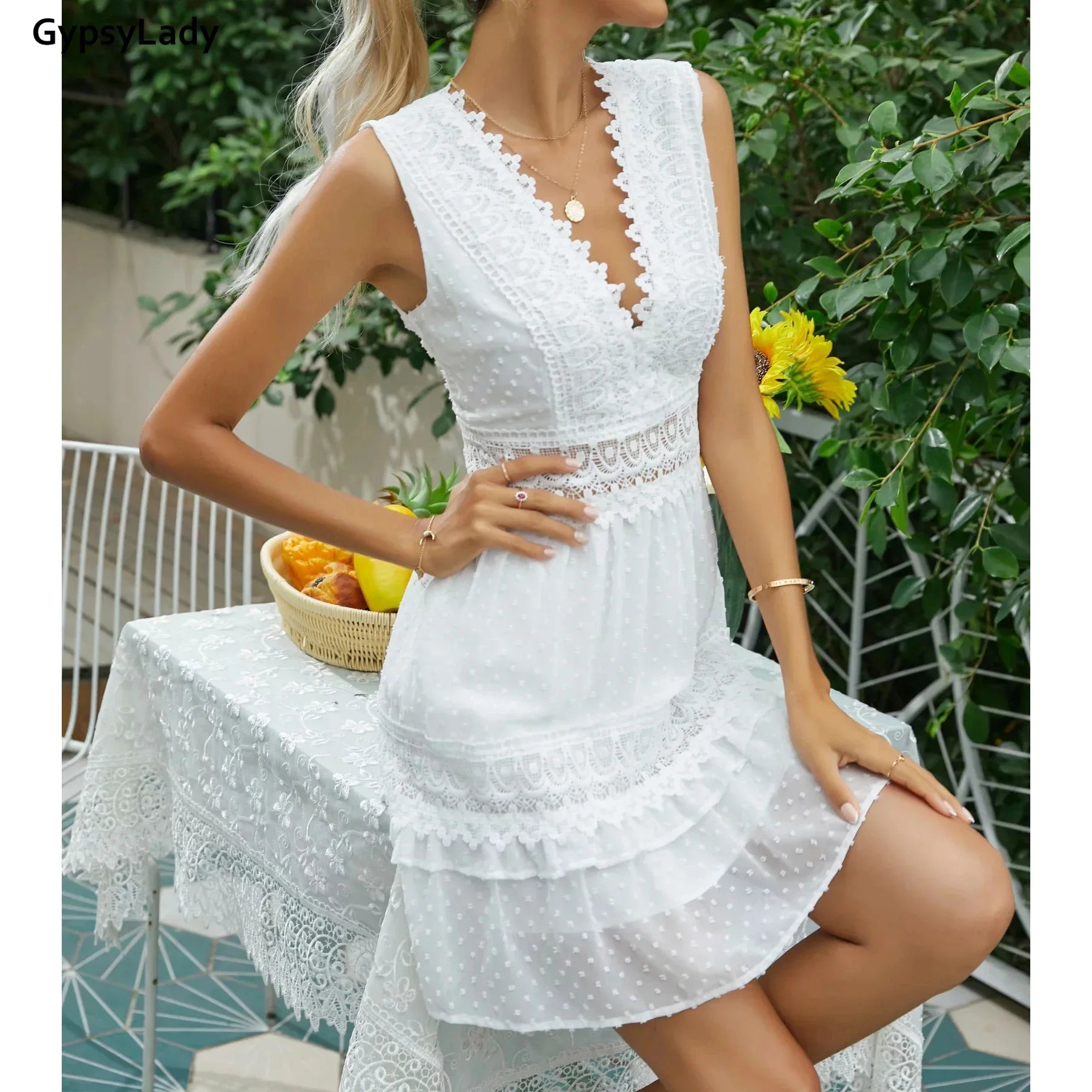 White Lace Summer Mini Dress V-neck Backless Women Sleeveless Ruffles