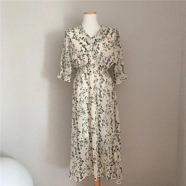 Vintage Elastic Waist A Line V Neck Office Floral Chic Chiffon Long Dress Retro