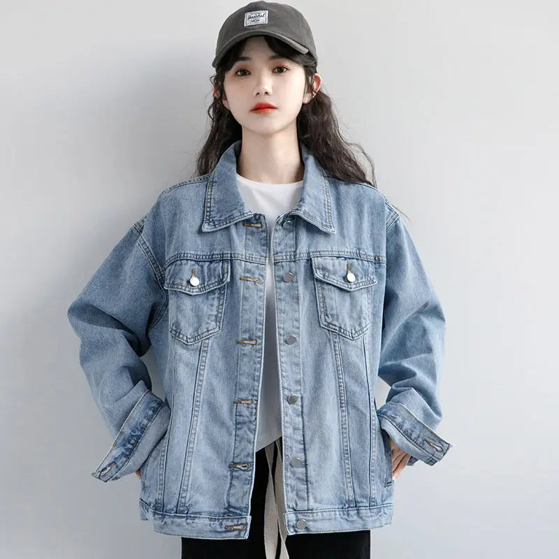 Vintage Women Jacket Oversize Denim Washed Blue Jeans Coat