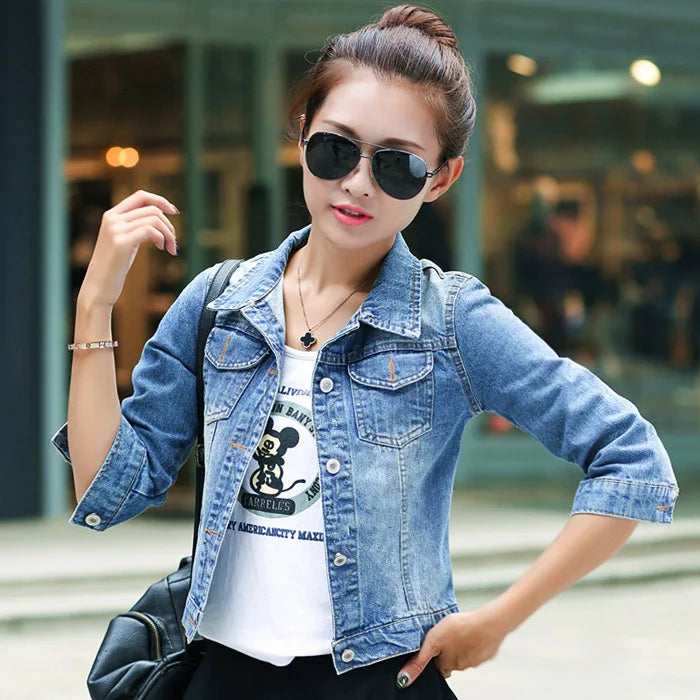 Women Denim Jackets Three-Quarter Sleeve O-Neck Single-Breasted Outerwear