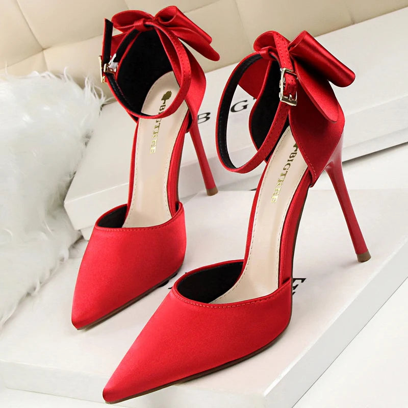 Bow-knot Kitten Heels Pumps Satin Stiletto Party Shoes