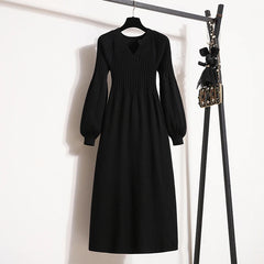 Knitted Sweater Dresses Office Elegant Solid Basic High Waist A-line Lantern Sleeve