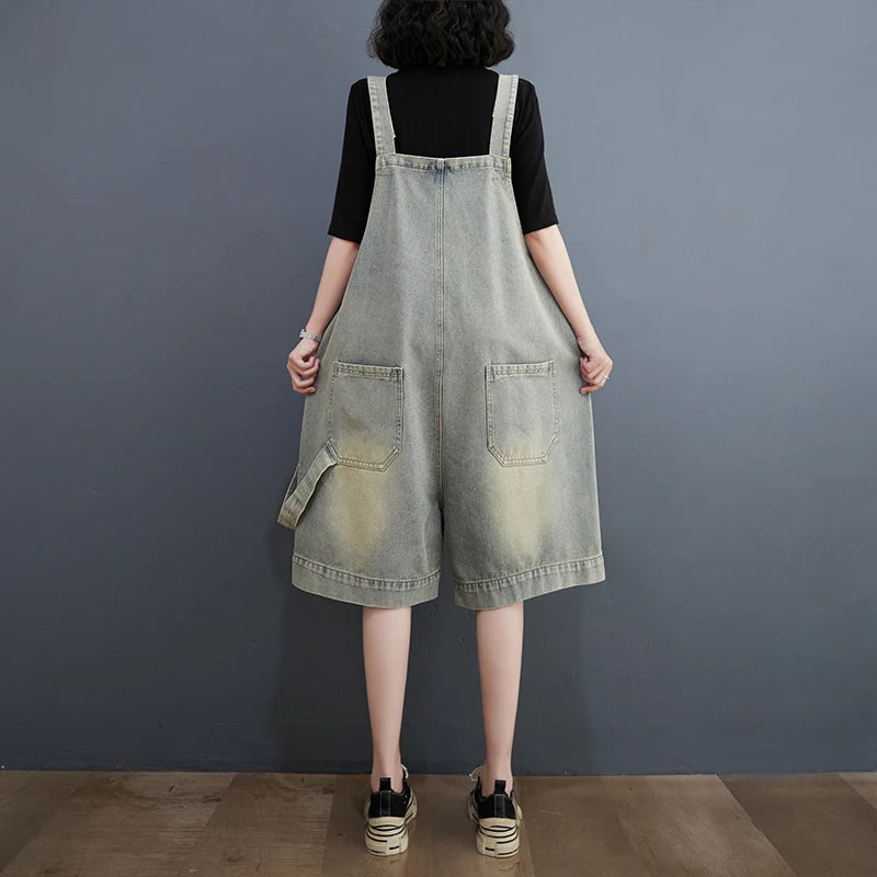 Denim Shorts Jean Overall For Vintage Washed Wide Leg