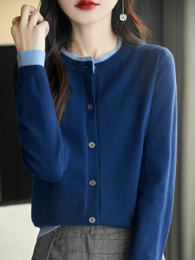 Knitted Cardigan Sweater Clothing O-neck Patchwork Long Sleeve Tops