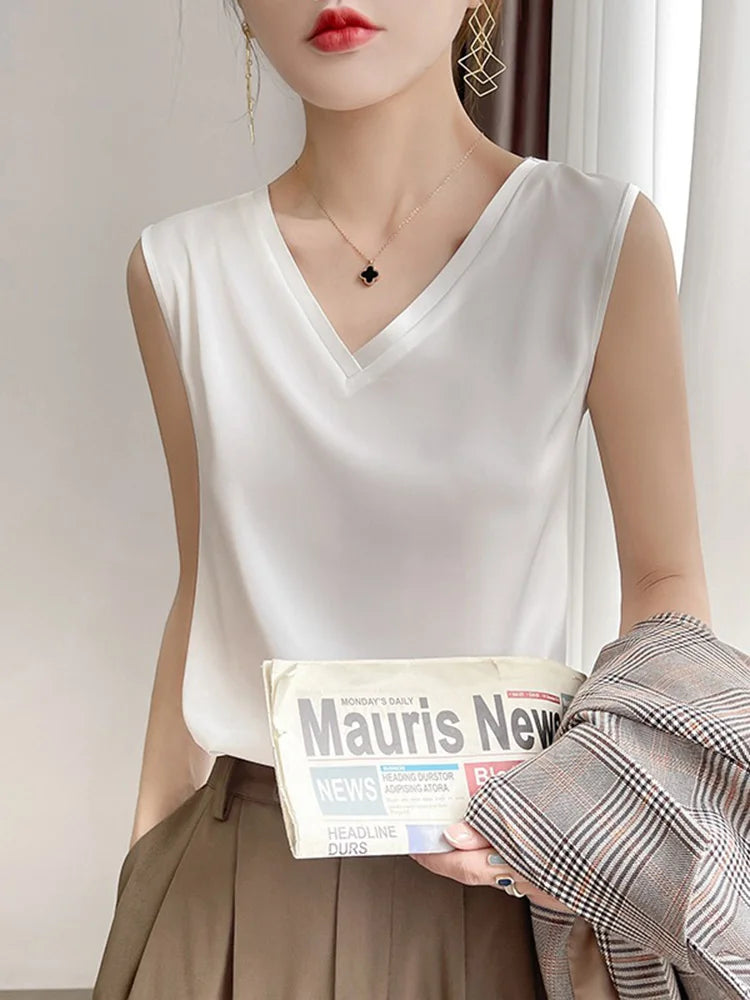 Silk Sleeveless Satin Basic V Neck White Blouses