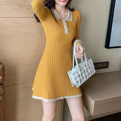 Contrast Color Fashion Midi High Street Casual Slim Knitting Dress