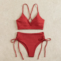 V-Neck Split Bikini Set for Women Solid Color Beach Swimwear