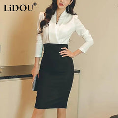 Office Lady Elegant Fashion Patchwork Bodycon Dress