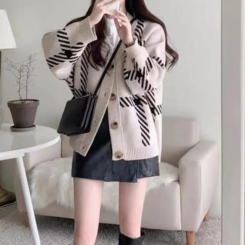 Stripes Knitted Cardigan Coat Buttons Sweater Casual Office Sweater