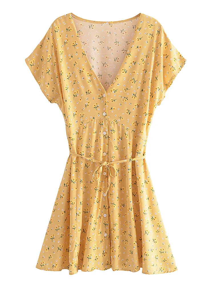 Vintage Chic Women Yellow Floral Print Deep V-neck Mini Dress