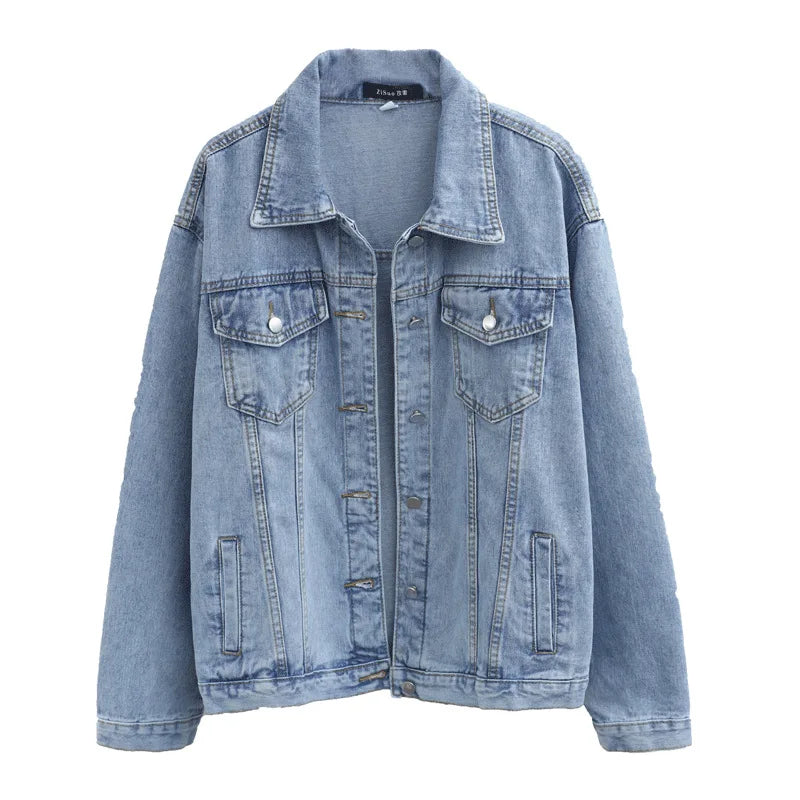 Vintage Women Jacket Oversize Denim Washed Blue Jeans Coat