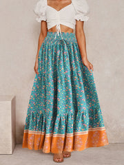 Fashion Floral Print Beach Bohemian Pleated Skirt Rayon Maxi Skirts