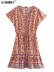 Vintage Chic Floral Print Deep V-neck Vacation Bohemian Mini Dress