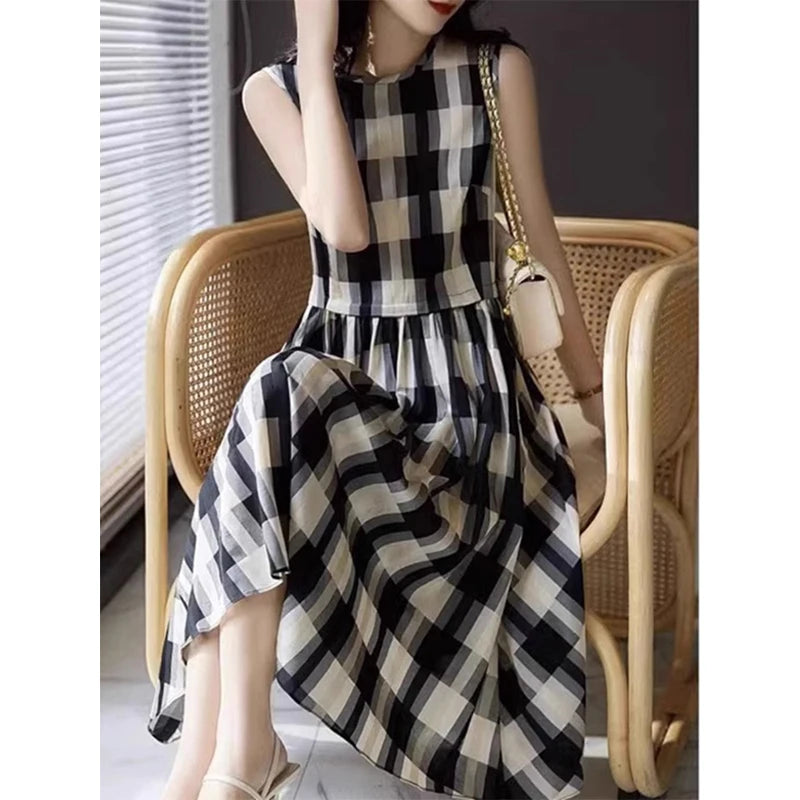 Fashion Vintage Plaid Printing Sleeveless Dress Casual Style